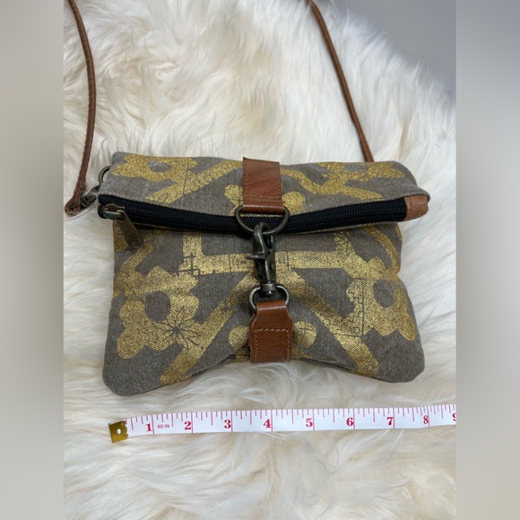 Mona B. Up cycled Coated Canvas Crossbody w Vegan Leather Metallic Gold Design - Picture 13 of 17
